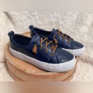 EUC Sperry Women's Navy Leather Top Sider Flats with Brown Laces Size 8